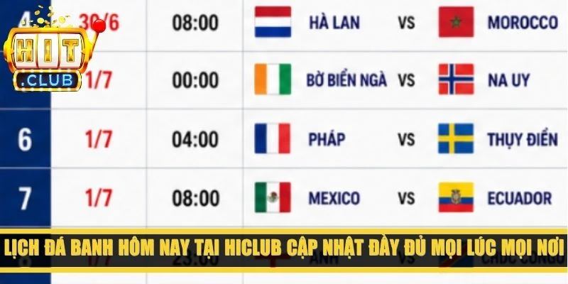 Lịch đá banh hôm nay tại Hiclub cập nhật đầy đủ mọi lúc mọi nơi
